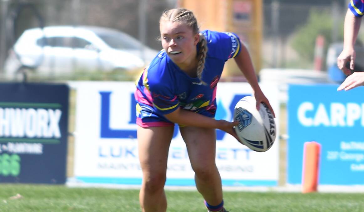 Xanthe Booth on the ball for the Panorama Platypi in last year's Western Women's Rugby League competition. Picture by Bradley Jurd