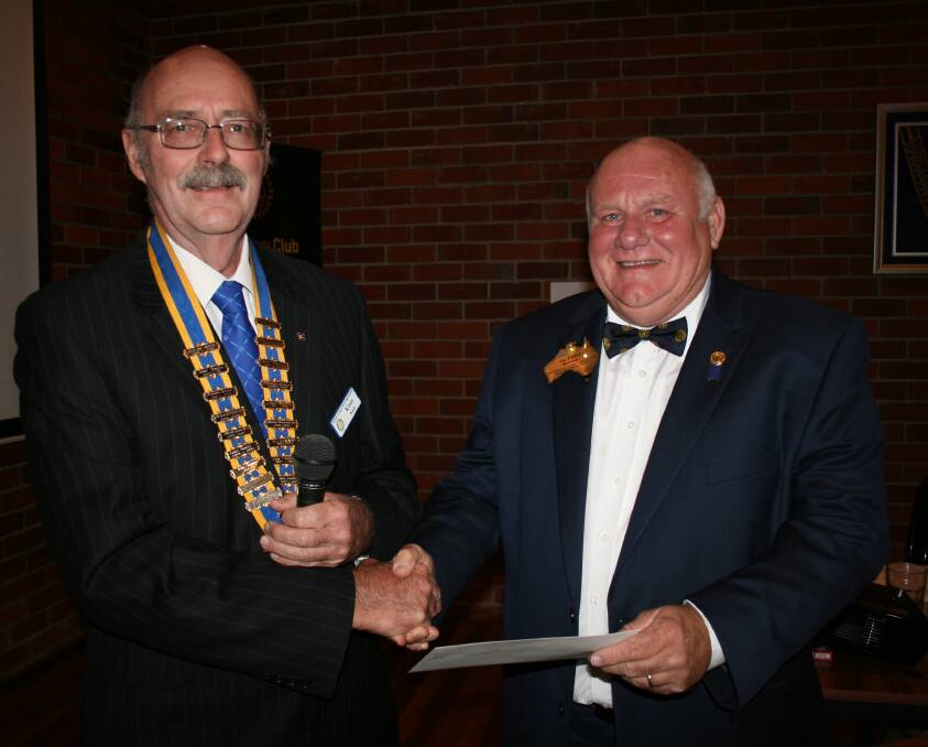  Past President of Rotary Klaus Keck presenting a cheque to Past District Governor Peter Raynor for the Rotary Foundation. The money will be used for many worthwhile projects around the world including the eradication of Polio. Mr Raynor thanked the club for everything they have done over the past 67 years.
