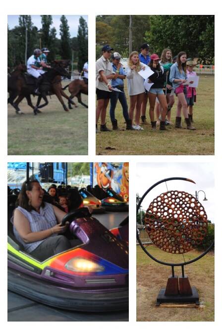 Photos: Top left Polo Match demo. Bottom left, Leanne Besant and her Daughter, Kirilee. Top right, Students participate in the Junior Show Judging. Bottom right, Ludwig Mlcek’s “Principium”.