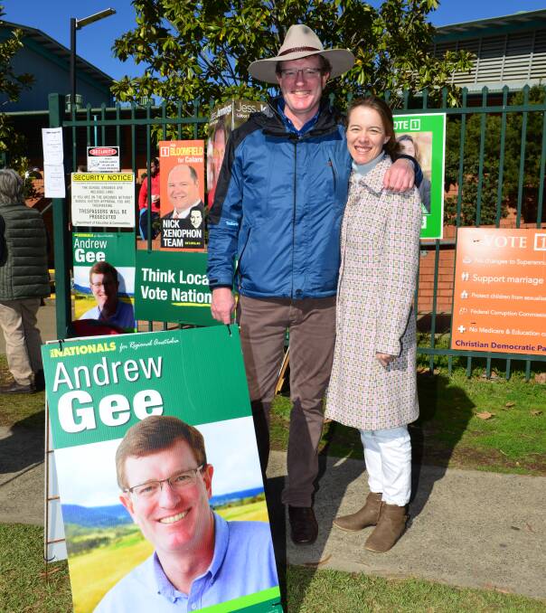 NATIONALS RETURNED: Andrew Gee with wife Tina at Mudgee's central polling booth on Saturday. Mr Gee was elected Federal Member for Calare with 48 per cent of first preference votes.  