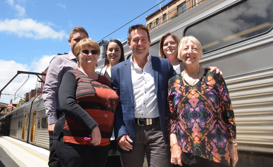 NEW STOP: Glenda Anthers, Blake Davis, Genna Inzitari, MP Paul Toole and Kathleen Compton at Lithgow Station. Picture: PHOEBE MOLONEY. 