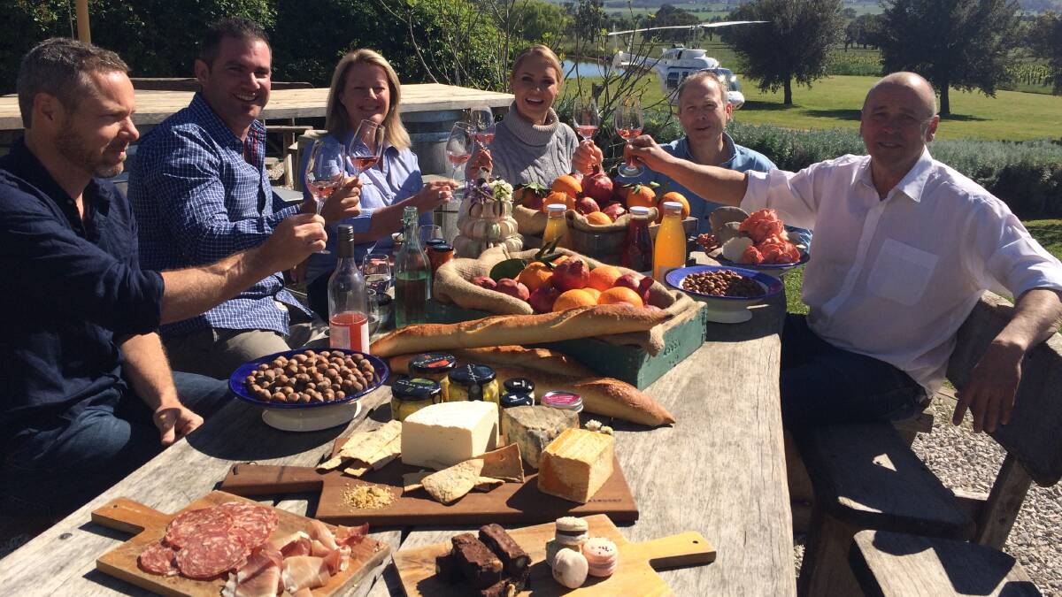 TUNING IN: 'Weekend Today' weather presenter Julie Snook (third from right) with winemakers James Manners, Jacob Stein,  Lisa Bray, Peter Logan and David Lowe. 