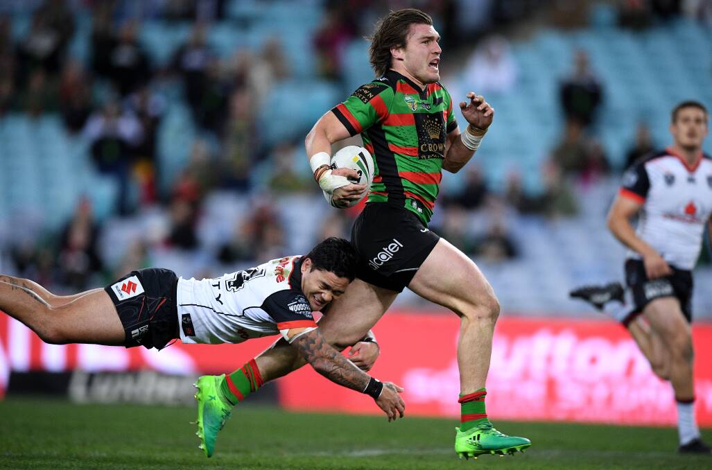 ON THE FLY: Angus Crichton strides out for the Rabbitohs last season.