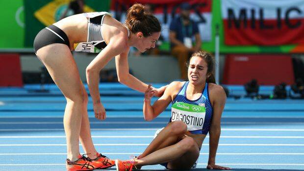 True sportsmanship: Nikki Hamblin, left, checks on American runner Abbey D'Agostino. Photo: Getty Images