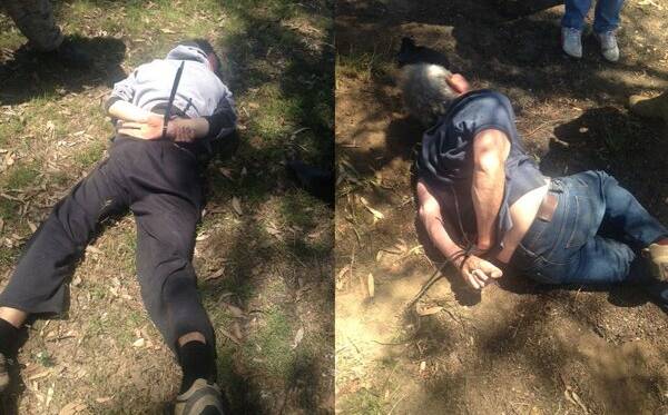 NABBED: The wanted fugitives handcuffed and on the ground after capture at a property near Elong Elong back in 2015.