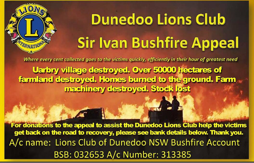 APPEAL LAUNCHED: Dunedoo Lions Club has cancelled its annual show Art Unlimited and launched the Sir Ivan Bishfire Appeal. Photo: Contributed 