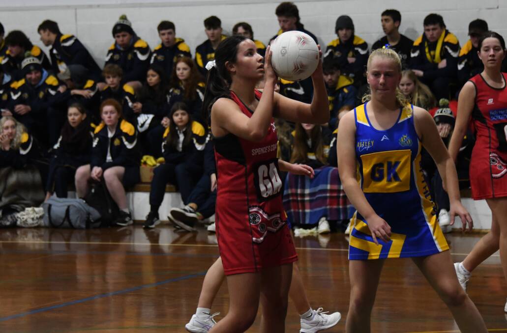 Saxbii Shaw in action for the Dubbo College netball side during the recent Astley Cup. Picture by Nick Guthrie