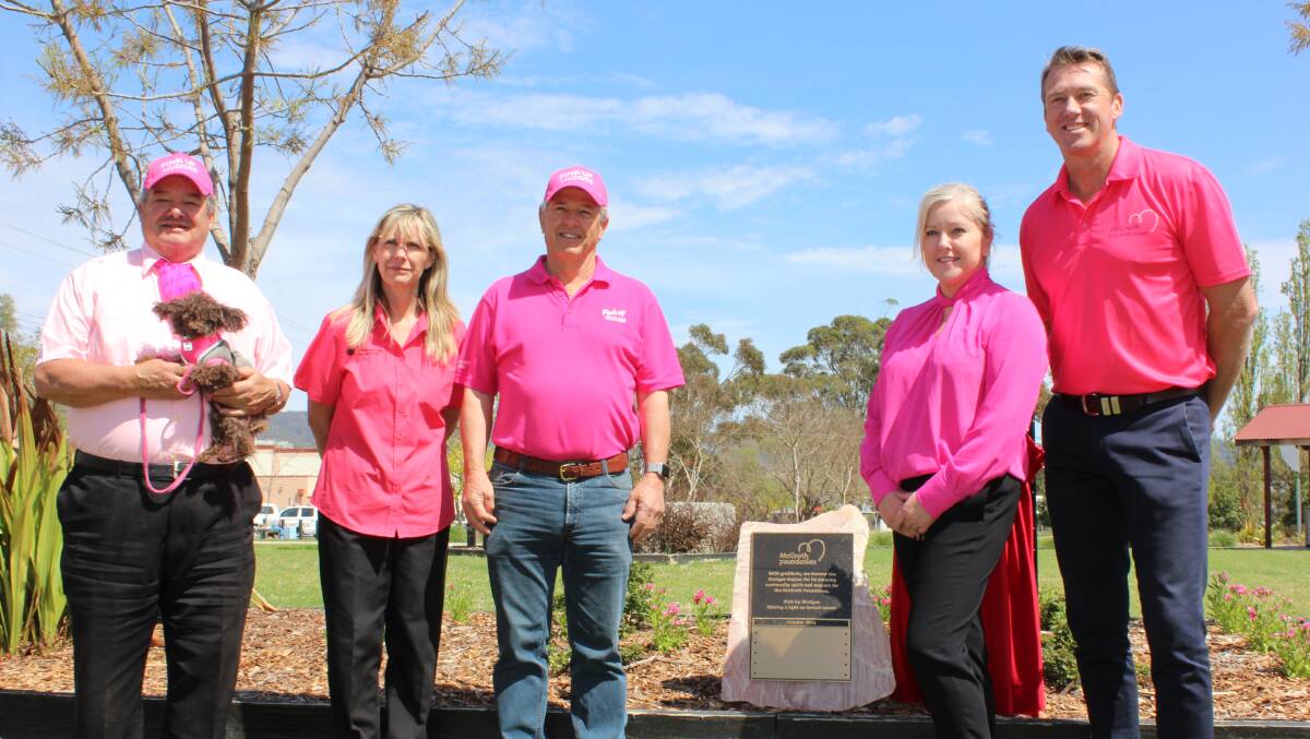 PLAQUE UNVEILING: Cr Percy Thompson, breast care nurse Di Thomas, Pink Up organiser Hugh Bateman, McGrath Foundation CEO Tracy Bevan and co-founder and president Glenn McGrath.