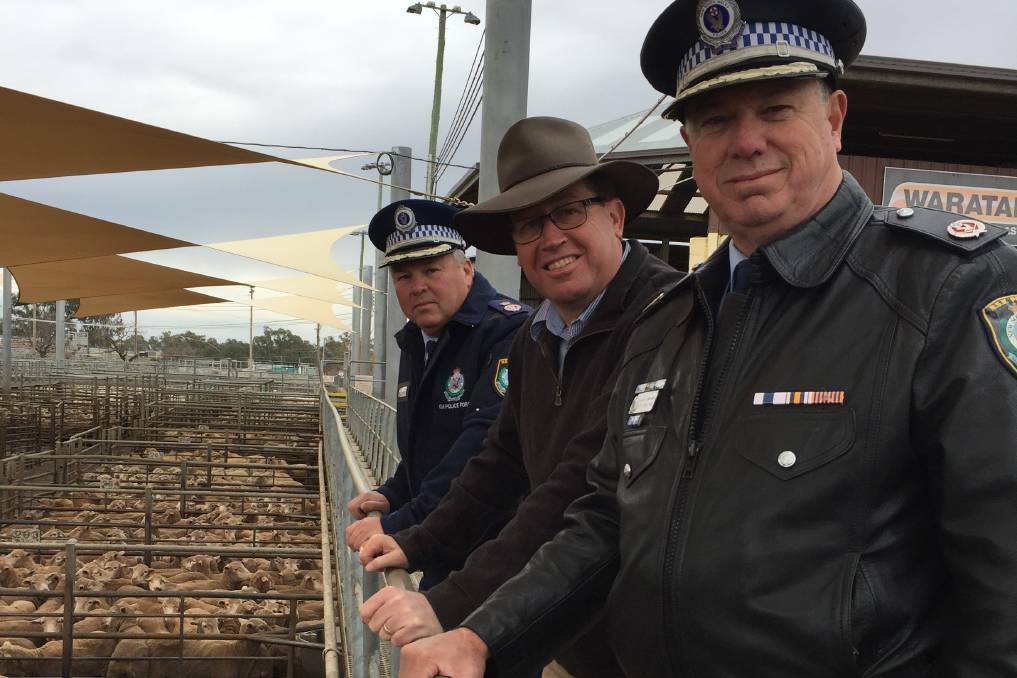 NSW Deputy Commissioner for regional field operations Gary Worboys, NSW police minister Troy Grant and western region commander Assistant Commissioner Geoff McKechnie in Dubbo. Photo: FAYE WHEELER