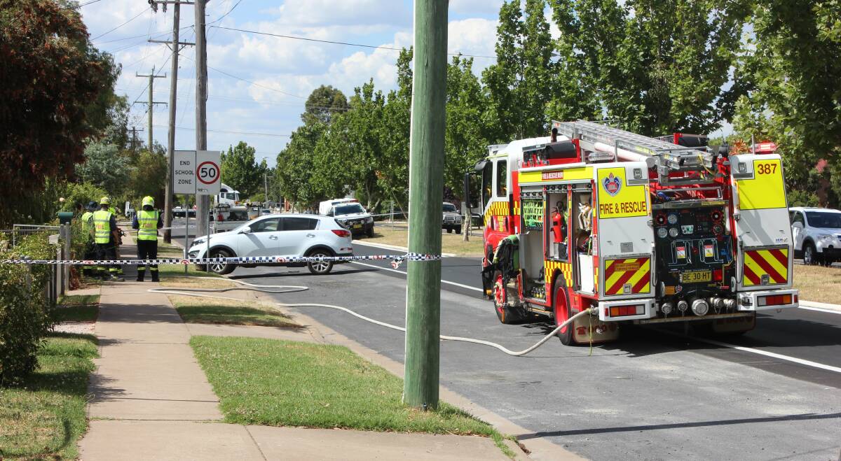 Emergency services at the scene of the first car crash on Douro Street, Mudgee.