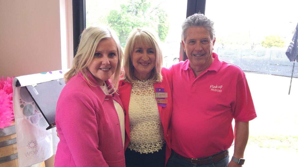Tracey Bevan from the McGrath Foundation, VIEW president Helen Rhodes and Hugh Bateman from the Pink Up campaign.