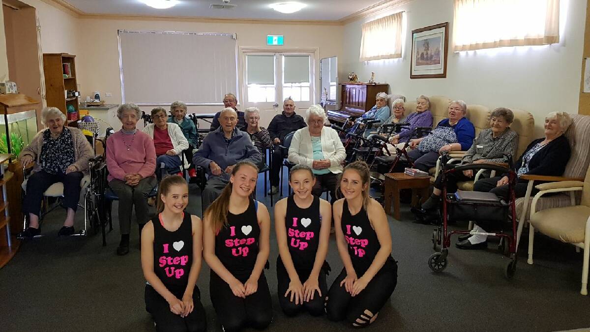 Stepping up: Performers Oliva Holt, Chelsea Butlin (Max Potential Participant), Maddison Morrissey and Alanah Hill with the residents of Wenonah Lodge Gulgong. Photo: supplied.