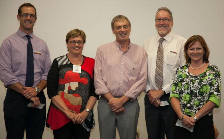 Rotary’s Dr Val Webb and Graham Taylor present donations to Justin Yeo (St Matthews), Alan Kerr (Mudgee Public) and Andrea Lester (Cudgegong Valley).
