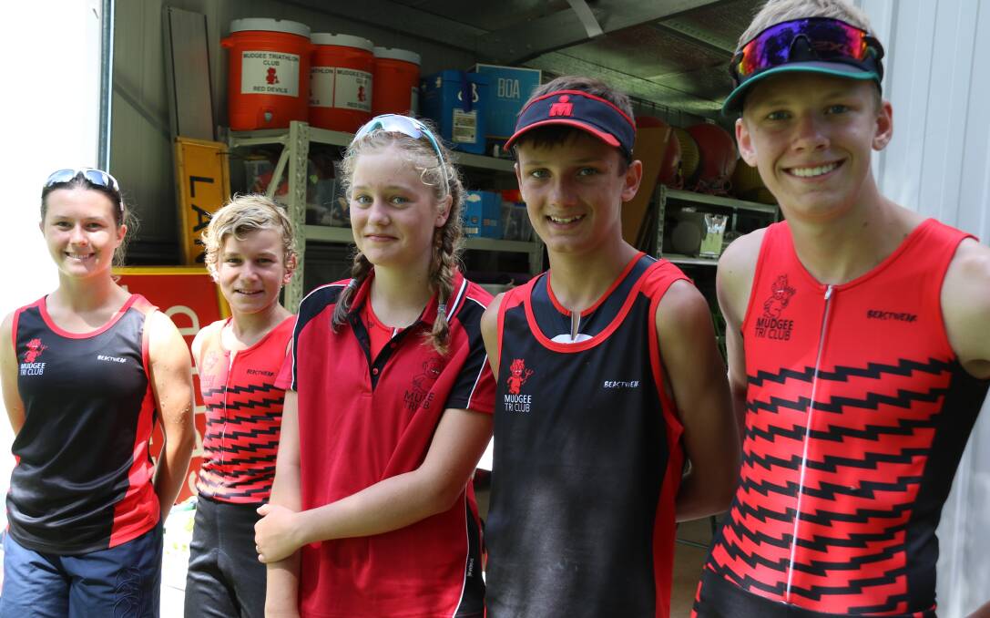 RED-Y TO GO: Mudgee Triathlon Club juniors (from left) Bronte Clifford, Guy Rohr, Sian Potter, Campbell Wall, and Lachlan Wall.