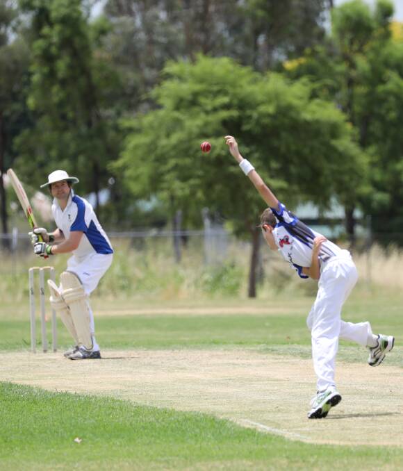 DELIVERY: Woolpack's Rod Cooke faces a delivery by Oriental Bulls' Connor Whale at Cahill Park on Saturday. The young bowler would be one of the side's wicket-takers. Photo: Simone Kurtz.