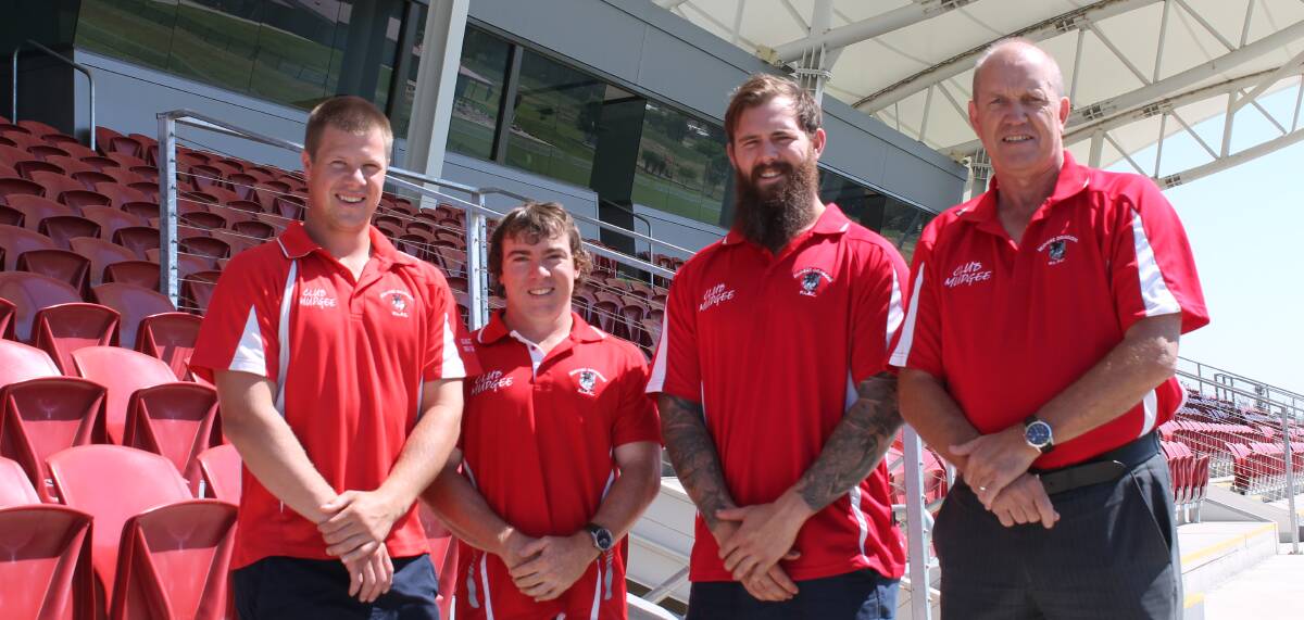 Dragons president Jared Robinson with 2017 coaches Jono George (18s), Sebastian Flack (First Division), and Peter Hickman (Premier League).