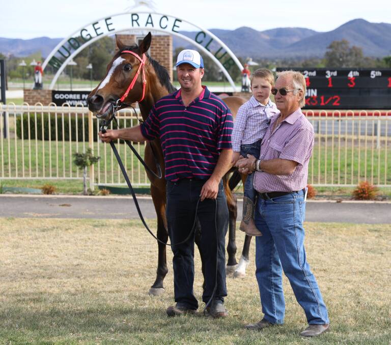 THREE IN FOUR: Race 4 winner Time for Three owner and trainer Luke Thomas Lee and Anne Balmer with Judd Thomas. Photo: Simone Kurtz