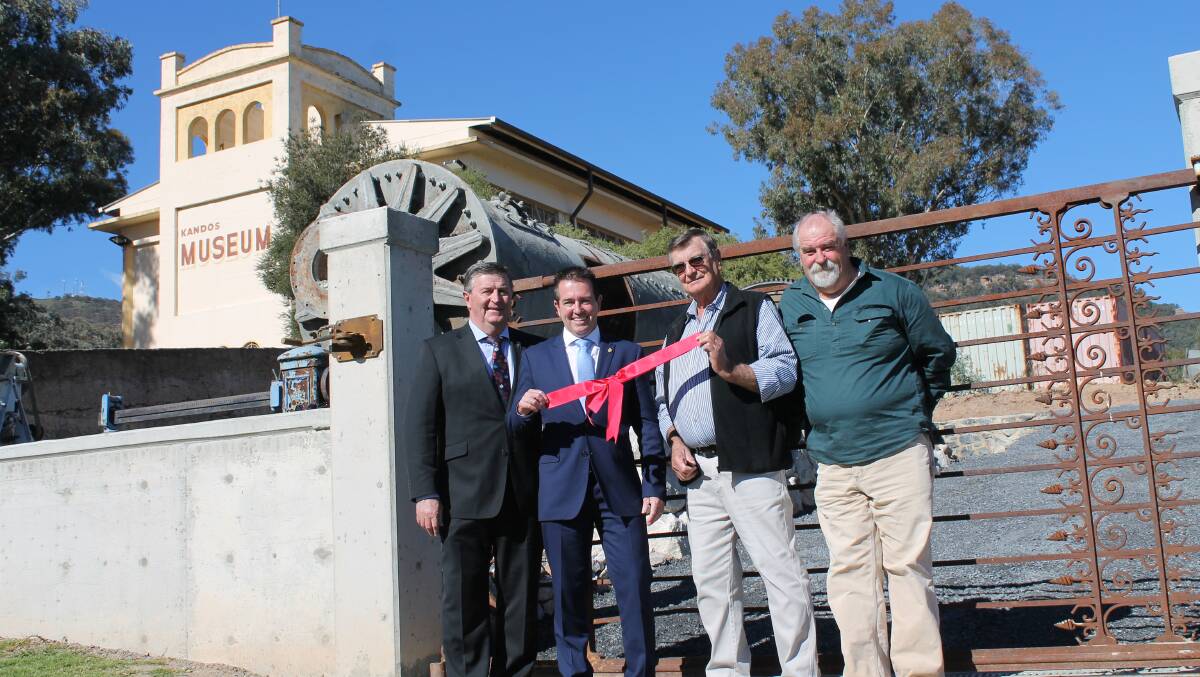 Mayor Des Kennedy, Paul Toole MP, Bernie George and Buzz Sanderson marking the completion of the Kandos Museum’s landscaping of the outside display area with a ceremonial ribbon cutting on Friday.