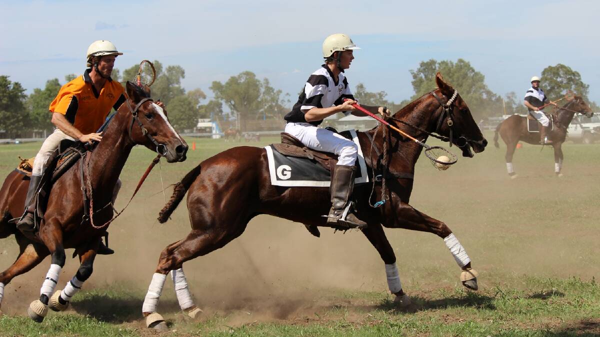 OFF AND RUNNING: Gulgong Polocrosse Club's Clancy Knight outrunning Quirindi during a warm up carnival at Narrabri on the weekend.