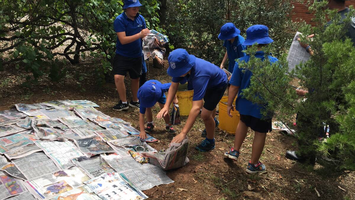 HELPING HAND: Lue students helped to create a new garden bed at Red Hill using wet newspaper and mulch.