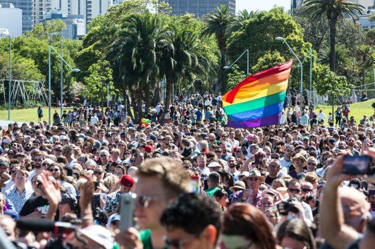 SEXPOL : Crowds of people in support of a YES vote at Prince Alfred Park, Sydney as the verdic of the postal vote on same sex marriage is annouced,  YES in every state, on 15 November 2017. Photo: Jessica Hromas