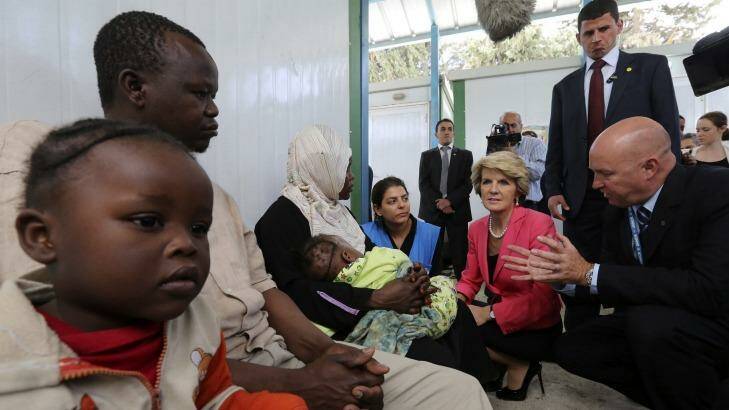 UNHCR chief in Jordan, Andrew Harper, right, with Sudanese refugees and Foreign Affairs Minister Julie Bishop.