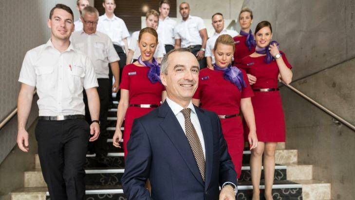 CEO John Borghetti with staff at the Virgin Australia AGM this month. Photo: Glenn Hunt