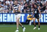 Geelong's Jeremy Cameron celebrates one of his five goals in the MCG victory over Carlton. (Rob Prezioso/AAP PHOTOS)