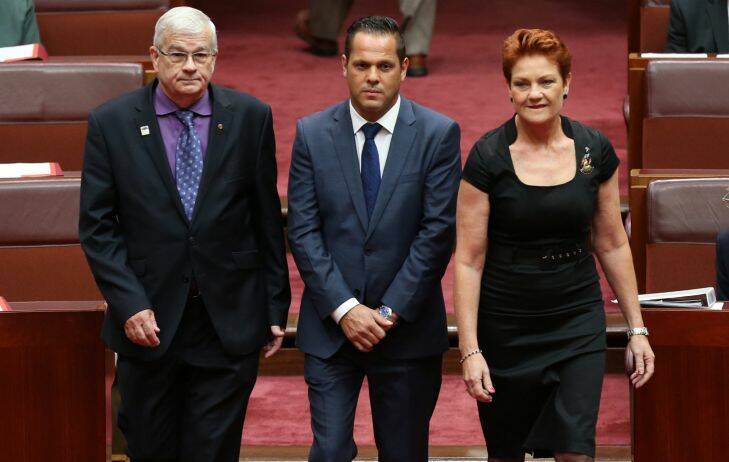 Senator Pauline Hanson and Senator Brian Burston welcomed Senator Peter Georgiou to the Senate who replaced Rod Culleton as Senator for Western Australia for Pauline Hanson's One Nation at Parliament House in Canberra on Monday 27 March 2017. Photo: Andrew Meares 