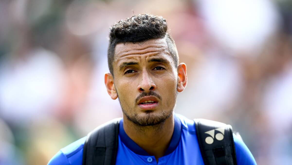 Nick Kyrgios of Australia looks on as he walks off court after his match against Alexander Zverev of Germany during day four of The Boodles Tennis Event at Stoke Park on June 24. Pic: Getty Images