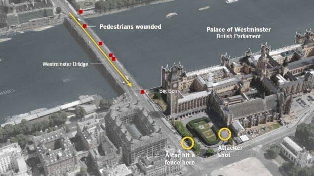 The scene of the attack in London.  Photo: By The New York Times. Source: Terrain and aerial imagery by Google