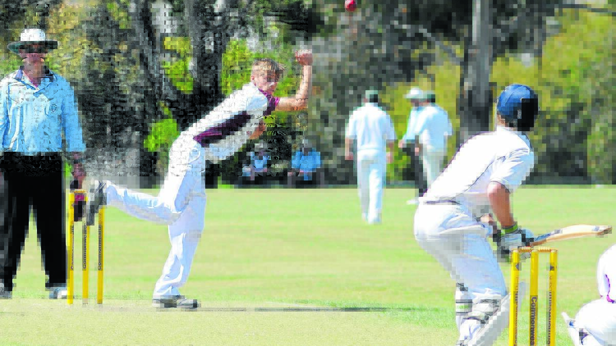 IN A SPIN: Nick Chapman bowls for Mudgee in their match against Blue Mountains. Mudgee are out of the President’s Cup and Western Premier League finals. Photo: STEVE GOSCH 	191014