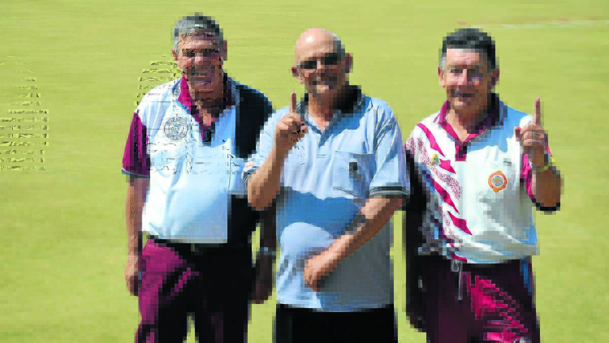 TRIPLE WINNERS: Champions of the Caltex Triples – Mudgee Bowling Club’s George Ford, and Blayney Bowling Club’s Alan Nunn and Jim Russell. Photo: BEN HARRIS 	191014bhtripleslawn0029