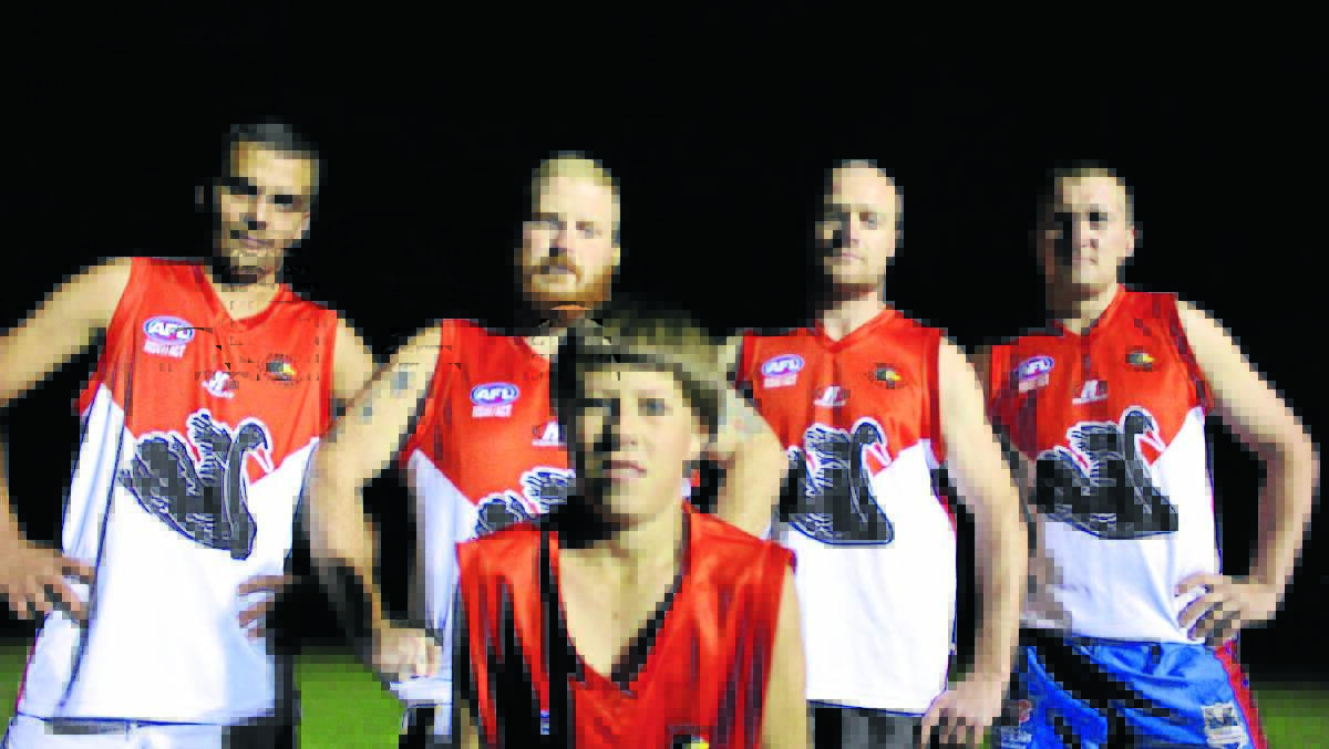 WE NEED HELP: The Mudgee Black Swans (from left) Sam Dent, Tom Paine, Joe Cook, Matthew Harrington and (front) Jarrod Gould are calling in the sporting community to lend a hand on or off the field or risk seeing the club die this Central West AFL season. 