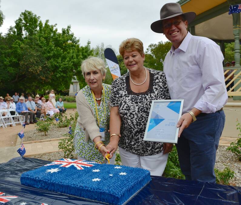 2015 Australia Day ambassador Libby Hathorn with Mid-Western Regional Council Citizen of the Year Robyn Oakes and NSW Deputy Premier Troy Grant Robertson Park during this year's Australia Day ceremony.
