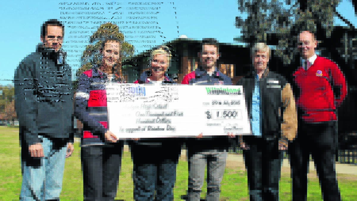 EARLY DONATION: Peabody Wilpinjong made an early donation to Mudgee High School Year 12’s Rainbow Day fundraising on Wednesday. Pictured (from left) Peabody Wilpinjong environment and community manager Kieren Bennetts, Year 12 student Charlotte Hauville, Year 12 advisor Penny Smith, Year 12 student Ben Reinhard, Peabody Wilpinjong commercial manager Paula McPherson, and MHS principal Wayne Eade.