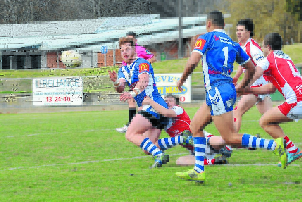 Brady Cheshire of St Pat’s lets a pass fly in his side’s 24-4 win over the Mudgee Dragons on Saturday at Carrington Park, their fifth straight win this season. Photo: PHILL MURRAY