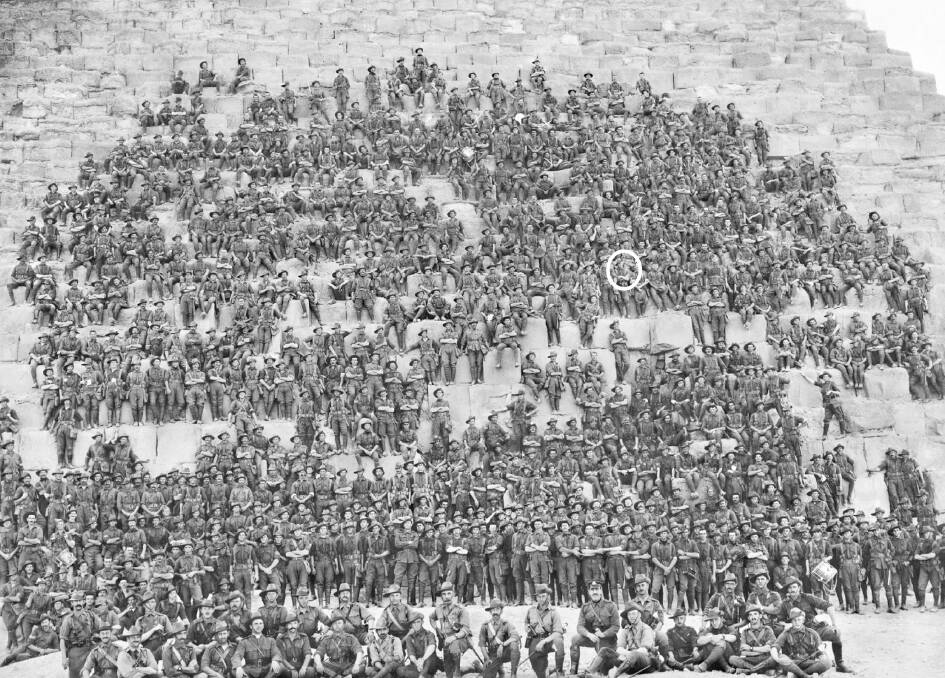 Group portrait of all the original officers and men of the 11th Battalion, 3rd Brigade, AIF, on the side of the Great Pyramid of Khufu (Cheops) near Mena camp.  The Australian War Memorial had identified the soldier circled as Sergeant John (Jack) Wright, formerly of Buckaroo, near Mudgee (circled). 
A large version of this photograph is on display at Club Mudgee. 
Courtesy of the Australian War Memorial Accession No: P05717.001