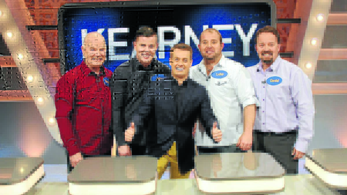 Mudgee resident Daniel Kearney (far right) appeared on Family Feud recently. He is pictured on set with host Grant Denyer, brothers Luke and Jake, and father Warren. PHOTO: SUPPLIED