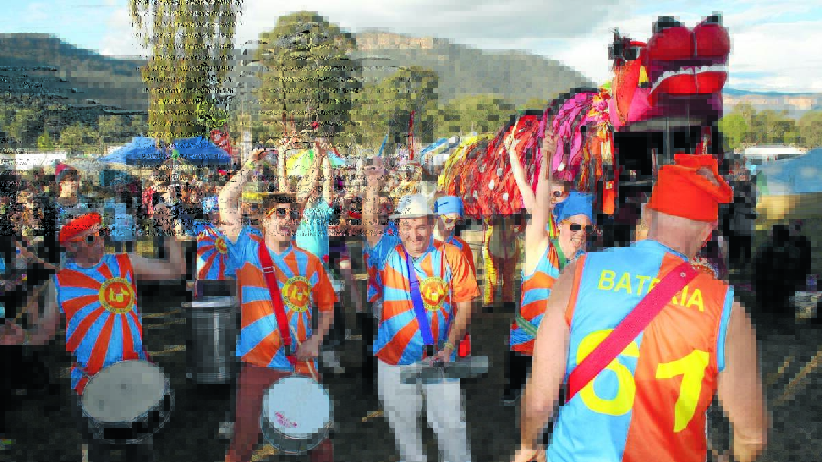The parade lead by a Brazilian street band on Saturday afternoon is a highlight of the annual Psyfari Festival in Capertee.