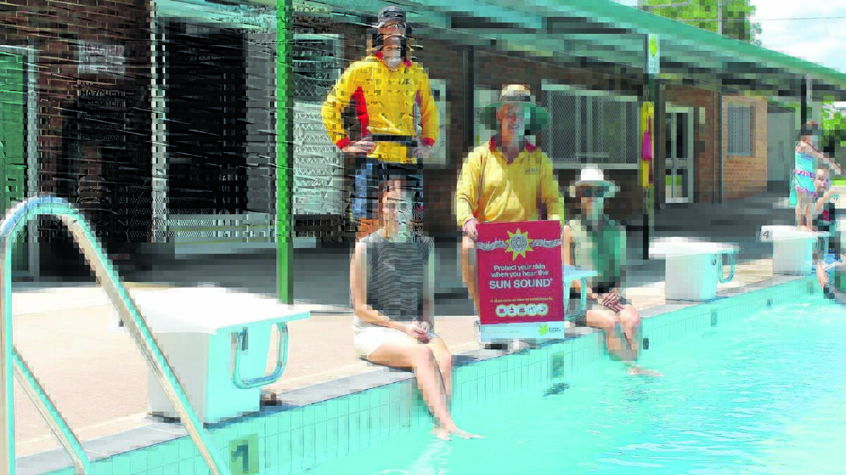 The Cancer Council’s Sun Sound campaign has been launched at the Mudgee Pool. Pictured are (from left) Hayley Tilley (Cancer Council intern), Michael Drummond (Mudgee Pool Lifeguard), Dean Doherty (Mudgee Pool Coordinator) and Camilla Barlow (from the Cancer Council NSW Western Region office).
