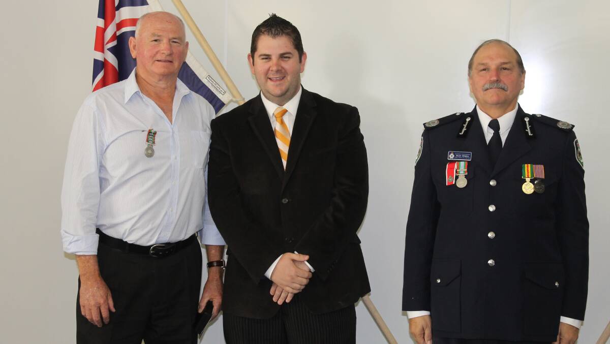 Mervin Tobin received the long service medal and 1st, 2nd, 3rd, and 4th clasps for over 56 years combined service to the Wattle Flat, Sofala RFB and Two Mile RFB, he is pictured with Mid-Western Regional Council Deputy Mayor Cr Paul Cavalier and NSW RFS Assistant Commissioner Stuart Midgley.