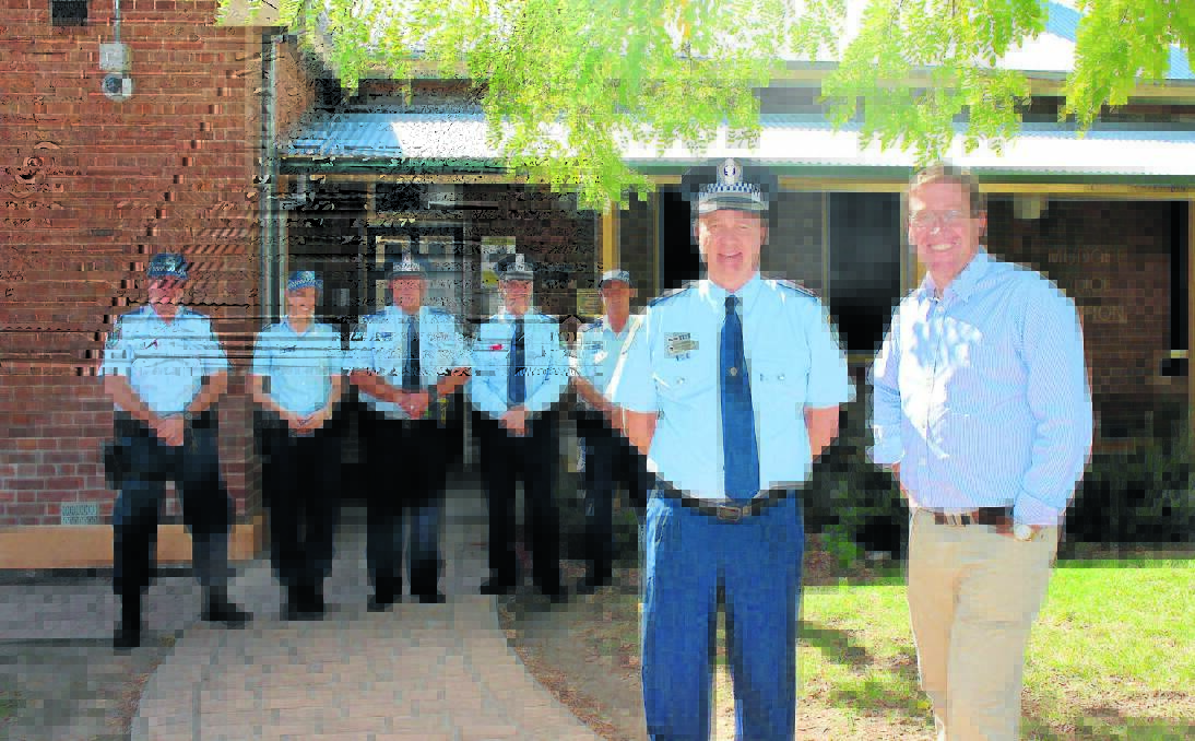 Police minister Troy Grant with new Mudgee LAC superintendent Anthony Joyce and senior sergeant Pat Schaefer, sergeant Simone Green, sergeant Stuart Thomas, inspector Ian Youman and sergeant Ray MacKinnon.