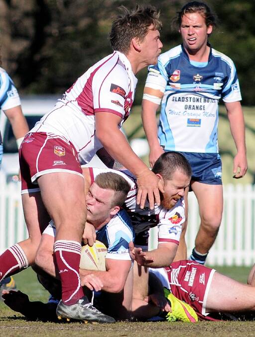 CLOSE: Blayney prop Terawhiti Cooper, pictured tackling Hawks' Jedd Kennedy last week, says his side won't find excuses for a 28-20 loss to Mudgee at home. Photo: STEVE GOSCH 0628sgleague16