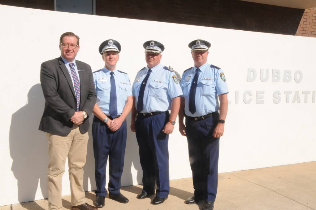 NEW POLICING: Dubbo MP Troy Grant, NSW Police Commissioner Michael Fuller, Deputy Commissioner Gary Worboys and Western Region commander, Assistant Commissioner Geoff McKechnie  announced the new squads. Photo: ORLANDER RUMING