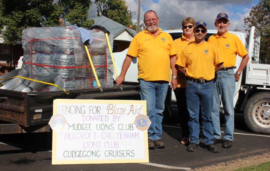 LIONS PRIDE: Lions Club Mudgee is donating fencing and barbed-wire to the BlazeAid efforts, delivered by Les Leisfield, Jenny Roberts, Kieren Norris, Tom Cooke.