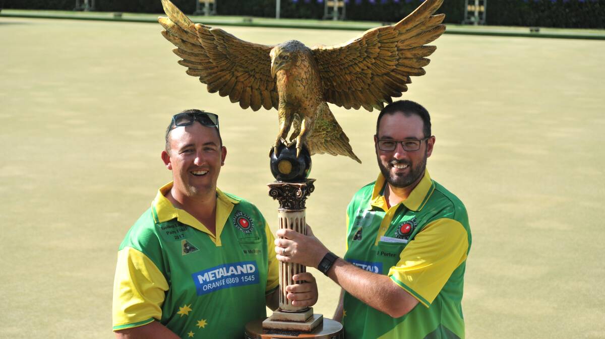 Mat McIntyre and Jay Porter denied Gulgong's Mobbs the Golden Eagle trophy after winning the final at Orange City Bowling Club on Thursday afternoon. Photo: JUDE KEOGH