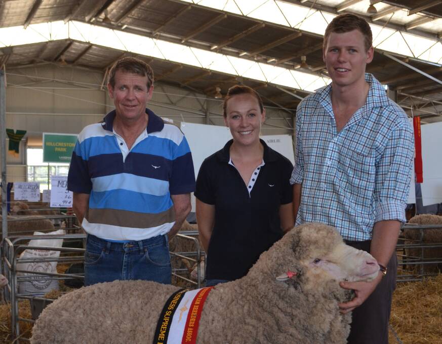 Malcolm, Bec and Cameron Cox at the Northern Merino Ram Breeders’ Association show.
