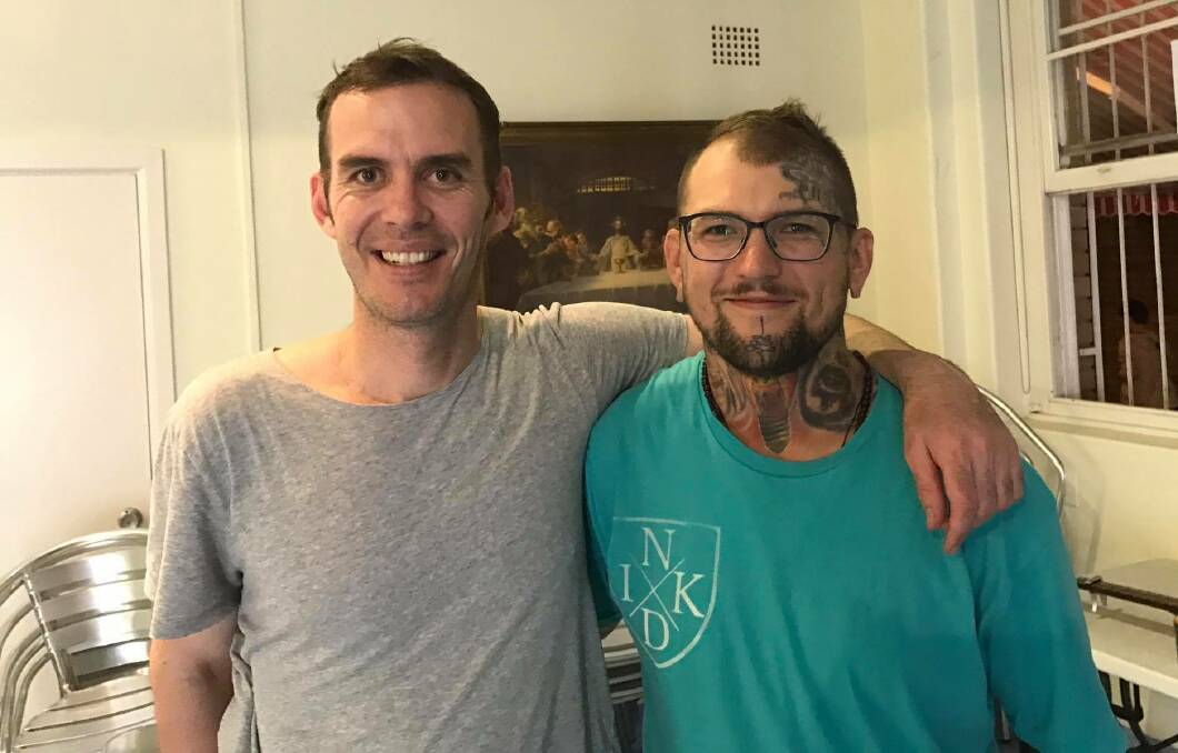 Be Kind: Heath Gay (right) is taking to the streets again in 2018, after a week long walk from Newcastle to Sydney, to raise awareness for the plight of Australia's homeless. Picture: supplied.