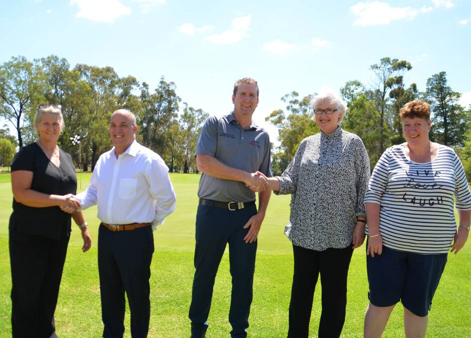 GIVING BACK: Fran Trisley (Pioneer House), Steve Archinal (Moolarben GM), Peter Mayson (Mudgee golf pro), Carolyn Peek (Lifeskills Plus CEO) and Renea Williams (Lifeskills Plus) gathered at the Mudgee Golf Club to celebrate the money raised from the event. Photo: Scott Fittler 